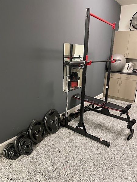 Rack, Bench, and Weights